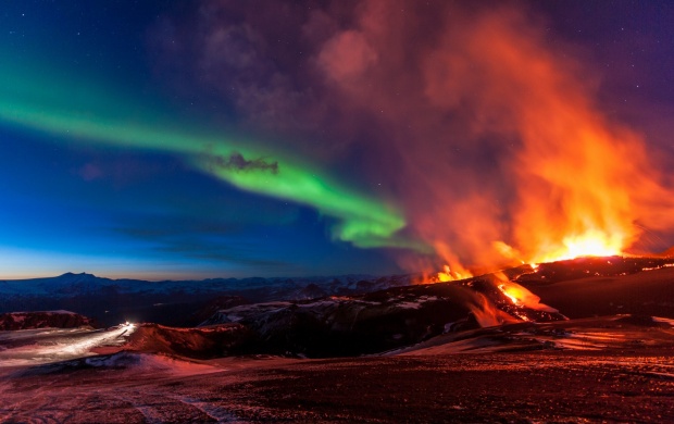Active Volcano Smoke And Aurora Lights