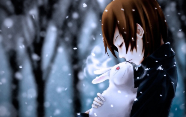 Anime Girl Rabbit And Snow