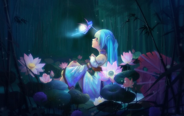 Anime Girl Sitting And Lotus Flowers