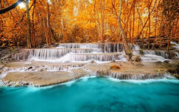 Autumn Forest Trees River Waterfall