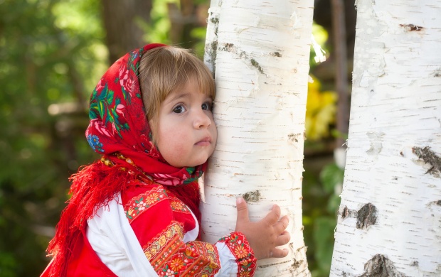 Baby Girl Near Birch Tree In Summer