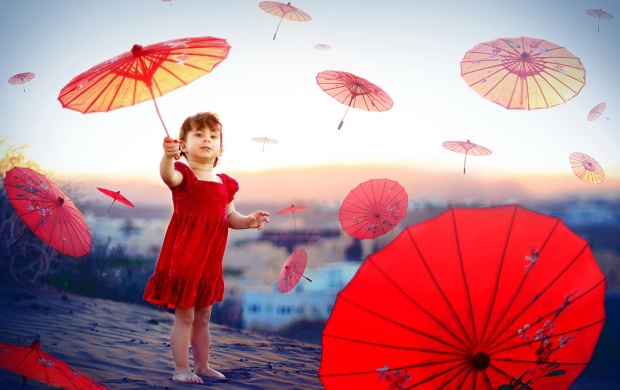 Children Girl And Red Umbrellas