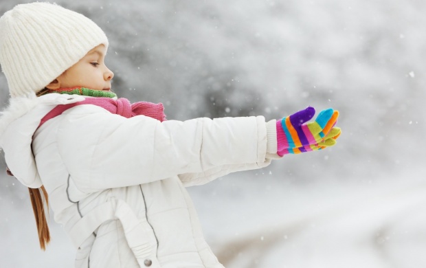 Children Girl Catch A Winter Snow