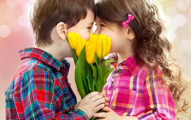 Children Kiss Tulips Flowers