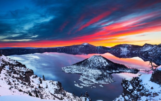 Crater Lake Sunrise Winter Landscape