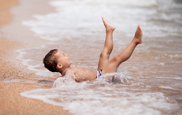 Cute Boy Enjoy Beach Bathing