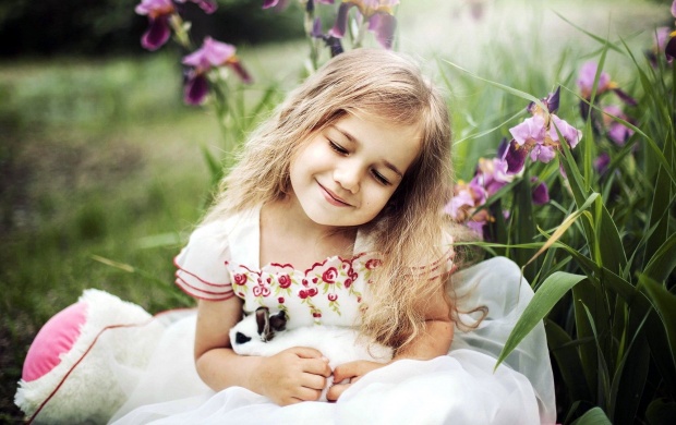 Cute Girl With Animals Irises Flowers