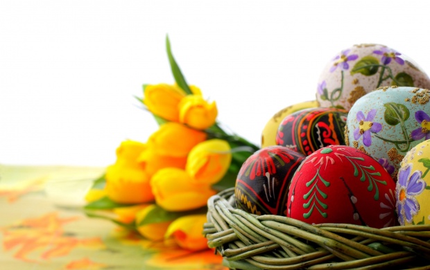 Easter Eggs And Yellow Tulip Flowers