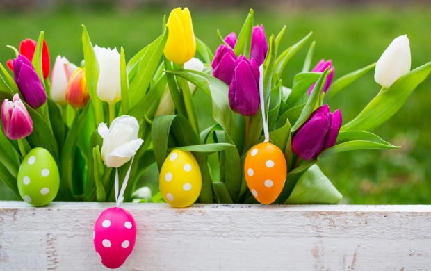 Easter Eggs On Flowers Background