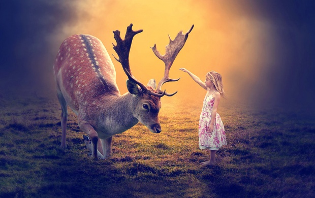 Girl And Big Deer