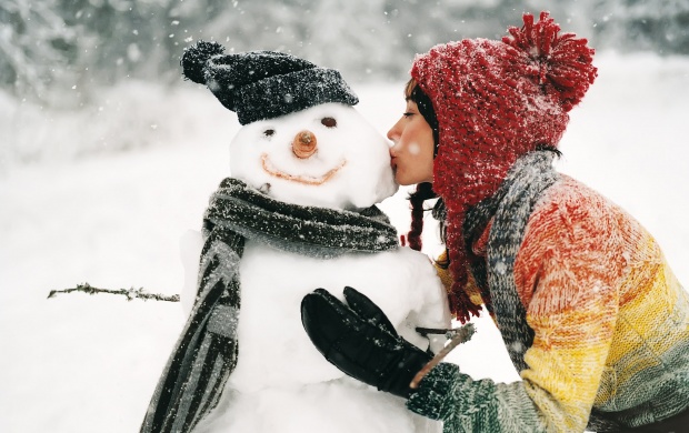 Girl Kissing Snowman