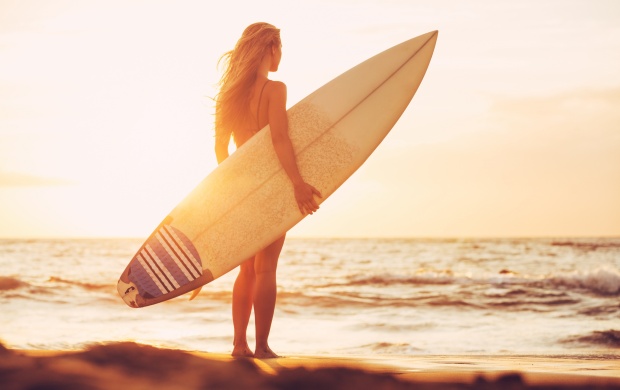 Girl Surfboard At Sunset Beach