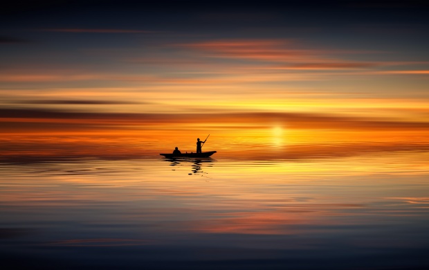 Lonely Fisherman At Sunset
