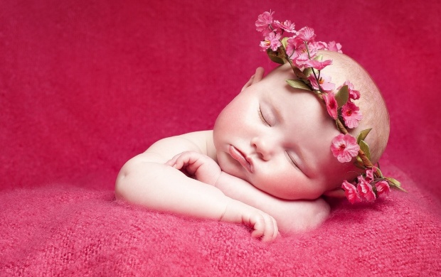 Newborn Little Girl And Flowers