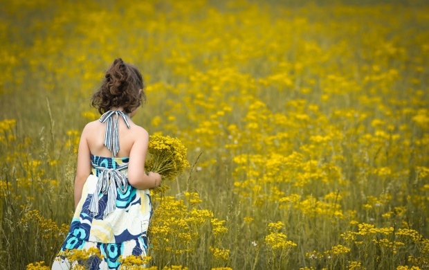 Sad Girl In Yellow Flowers Field