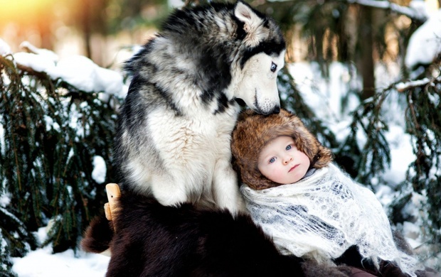 Snow Baby And Wolf