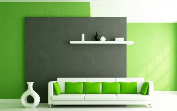 Sofa And Pillows In Green Interior