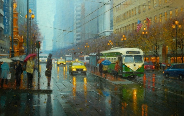 Street City Rain Tram People Umbrellas
