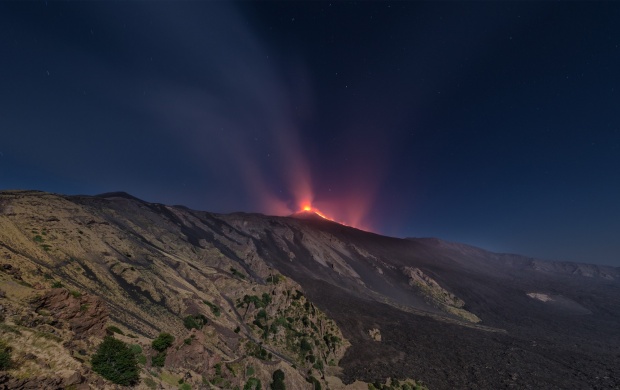 Volcano Etna Erupting At Night