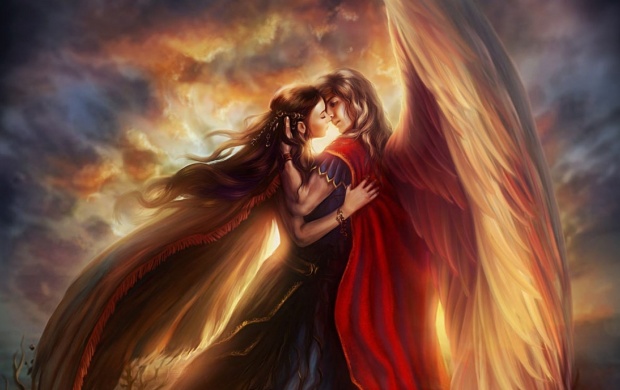 Wings Couple Kiss In Heaven