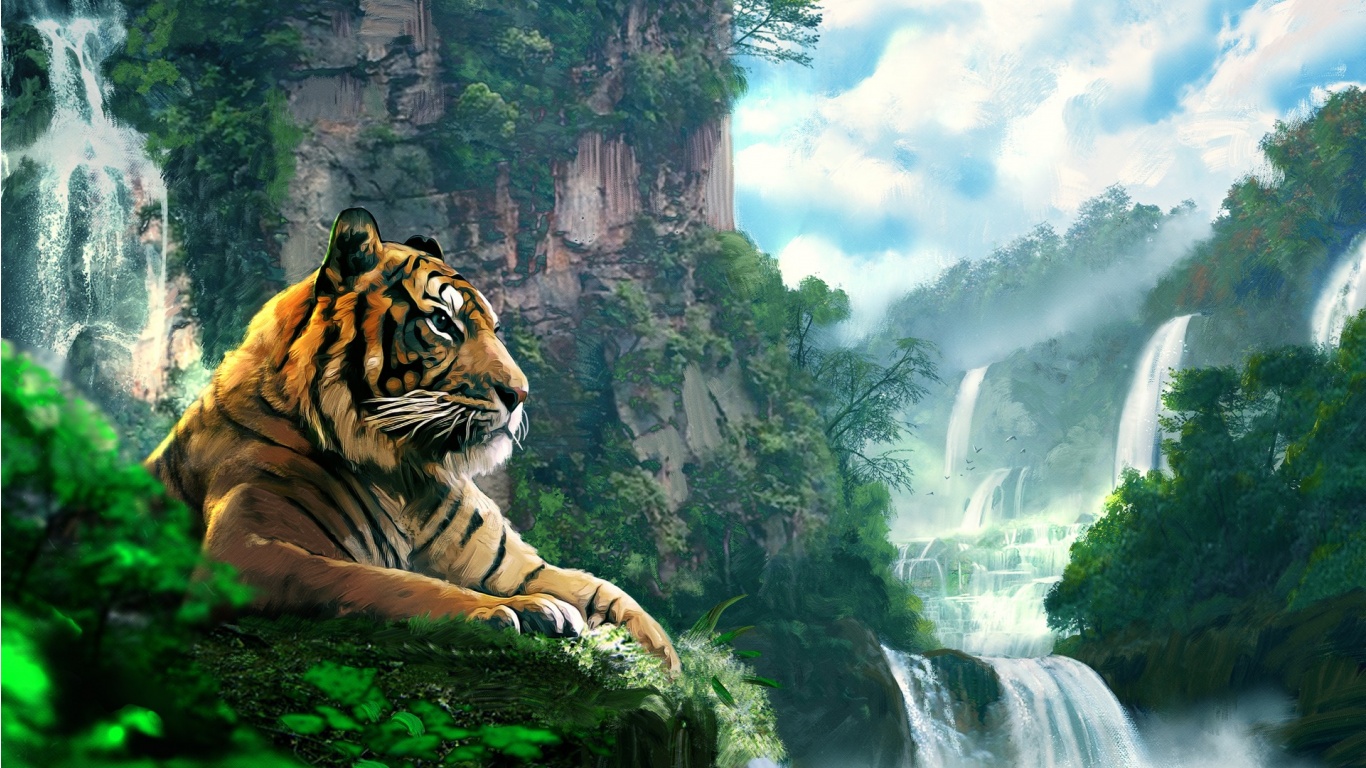Tiger Forest Waterfall Art Wallpapers - 1366x768 - 444638