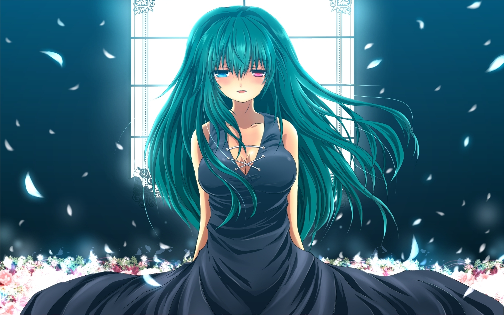 Blue-haired anime girl in prom dress - wide 4