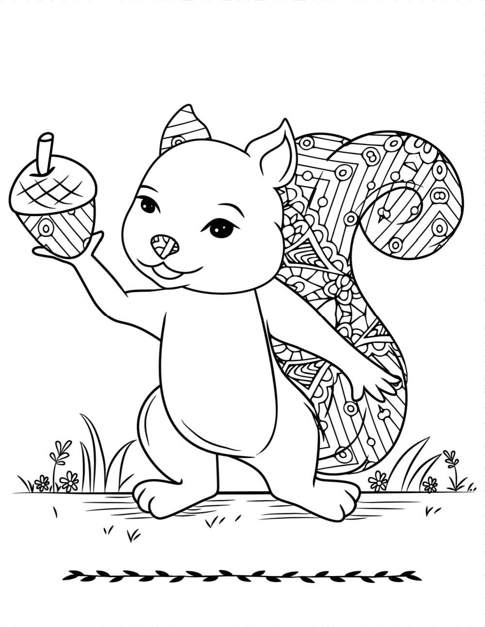 Free printable squirrel with an acorn coloring page