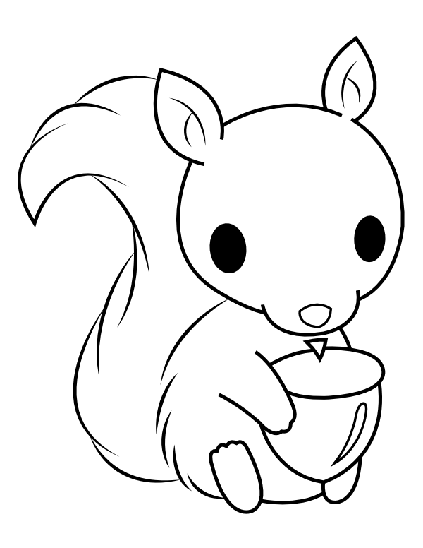 Printable baby squirrel with acorn coloring page