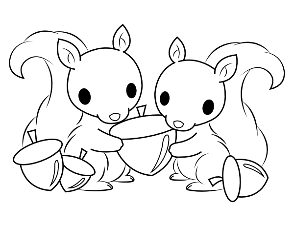 Printable baby squirrels holding an acorn coloring page