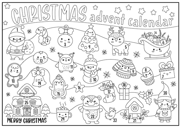 Premium vector vector black and white christmas maze like advent countdown calendar with holiday symbols line kawaii winter planner for kids festive new year coloring page with santa claus