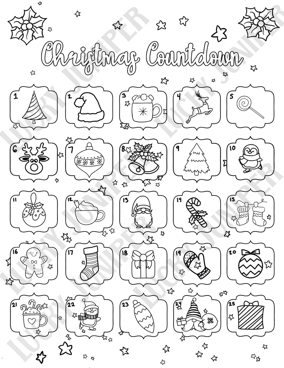 Christmas countdown printable coloring pages advent calendar holiday instant download