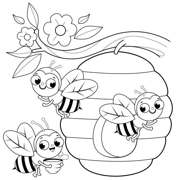 Bees flying around a beehive vector black and white coloring page stock illustration