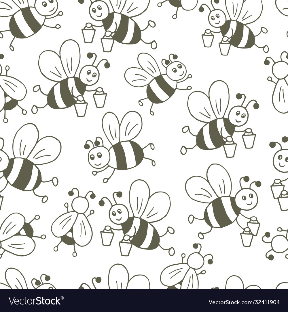 Seamless pattern with bees coloring page vector image