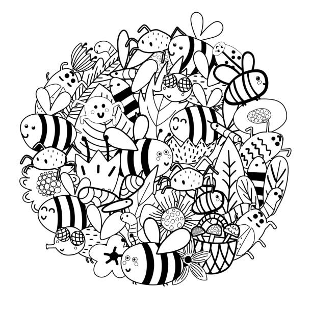 Cute bees in the flowers circle shape pattern funny insects coloring page black and white mandala print for coloring book stock illustration