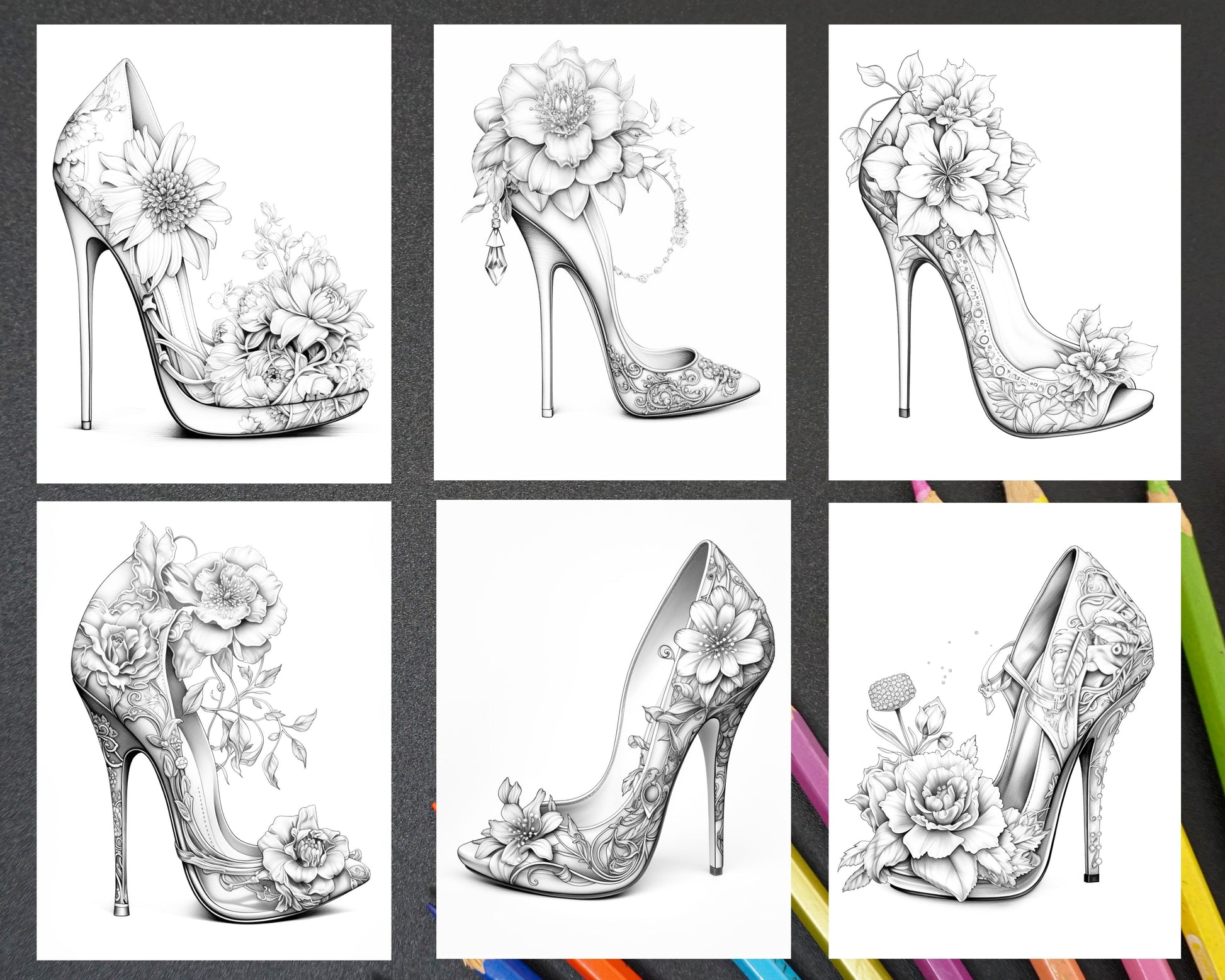 Flower wedding shoes grayscale coloring pages printable for adults â coloring