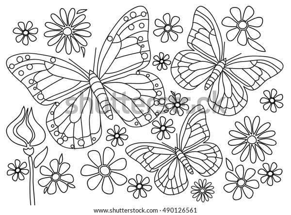 Coloring page butterflies flowers stock vector royalty free
