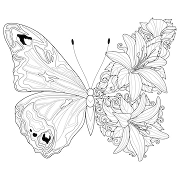 Premium vector butterfly with flowers coloring book antistress design for children and adults