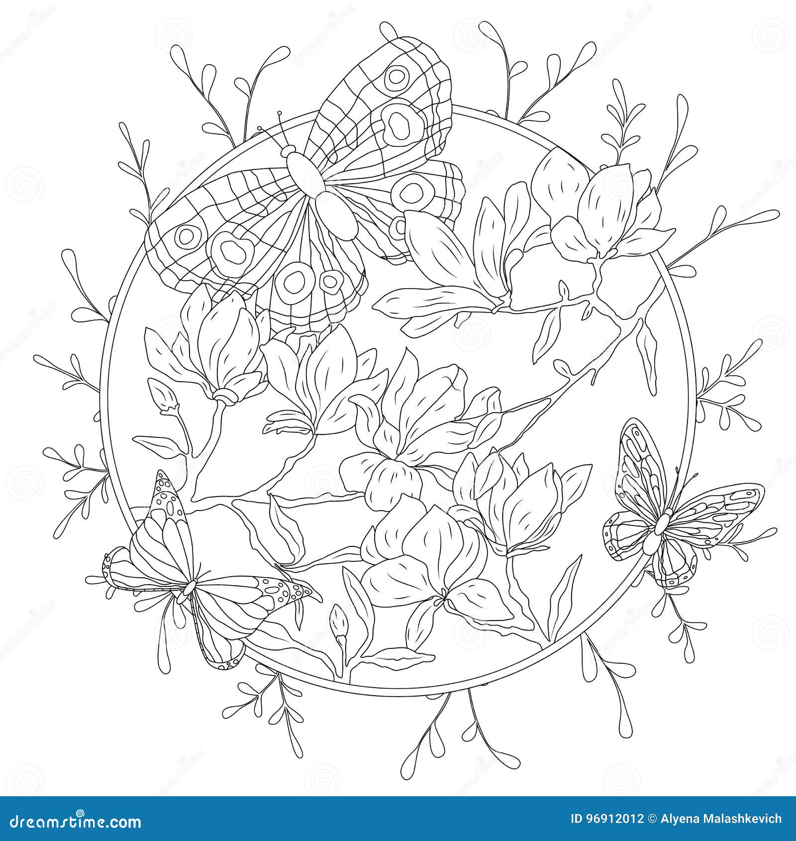Coloring book for adult and older children coloring page with decorative vintage flowers and decorative butterflies stock vector