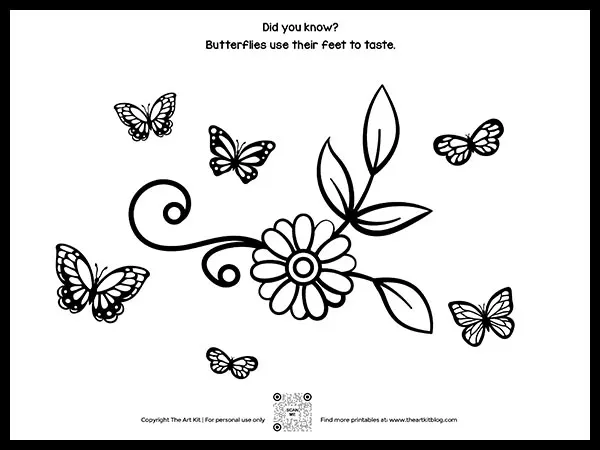 Free printable butterflies with flower coloring page â the art kit
