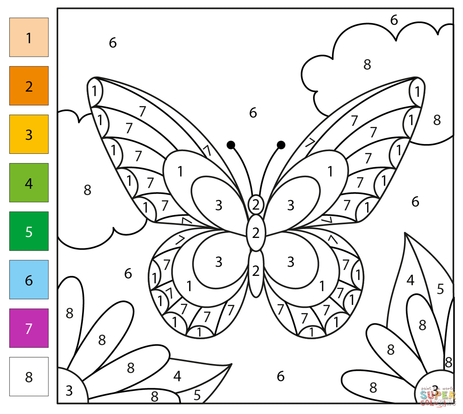 Butterfly color by number free printable coloring pages