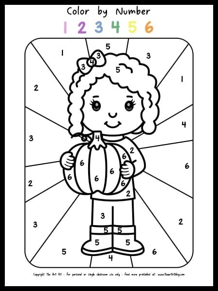 Girl holding pumpkin color by number coloring page free printable â the art kit