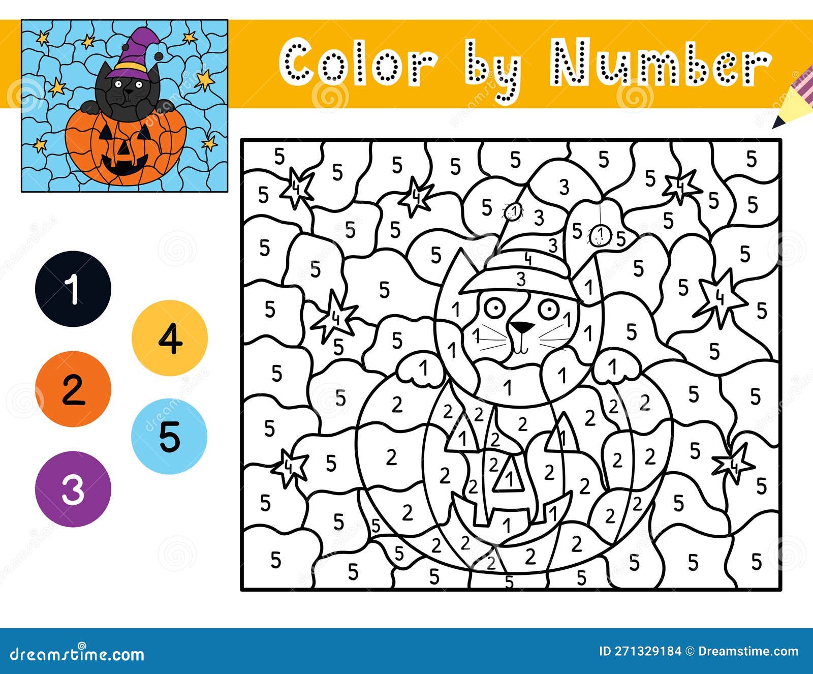 Color by number game for kids coloring page with cute halloween pumpkin and a cat stock vector
