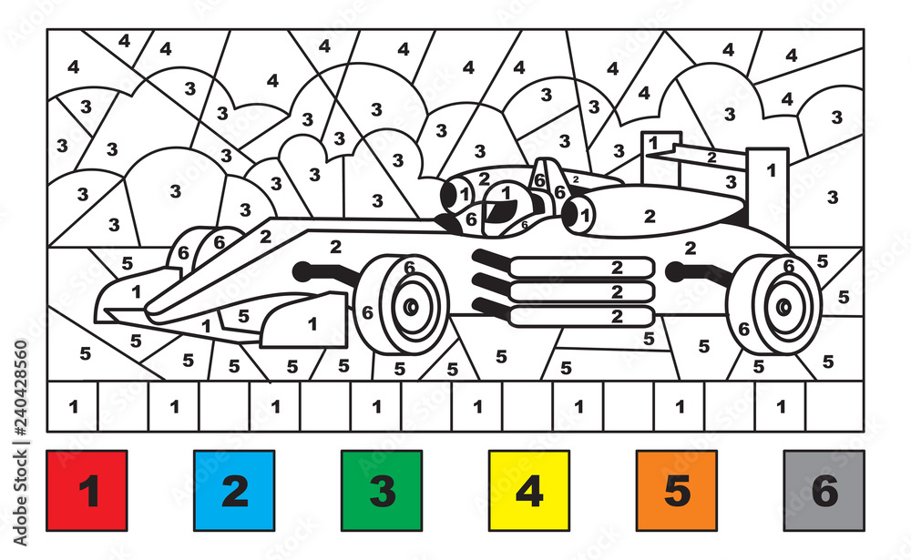 Race car color by number educational activity for children printable coloring page for kids vector