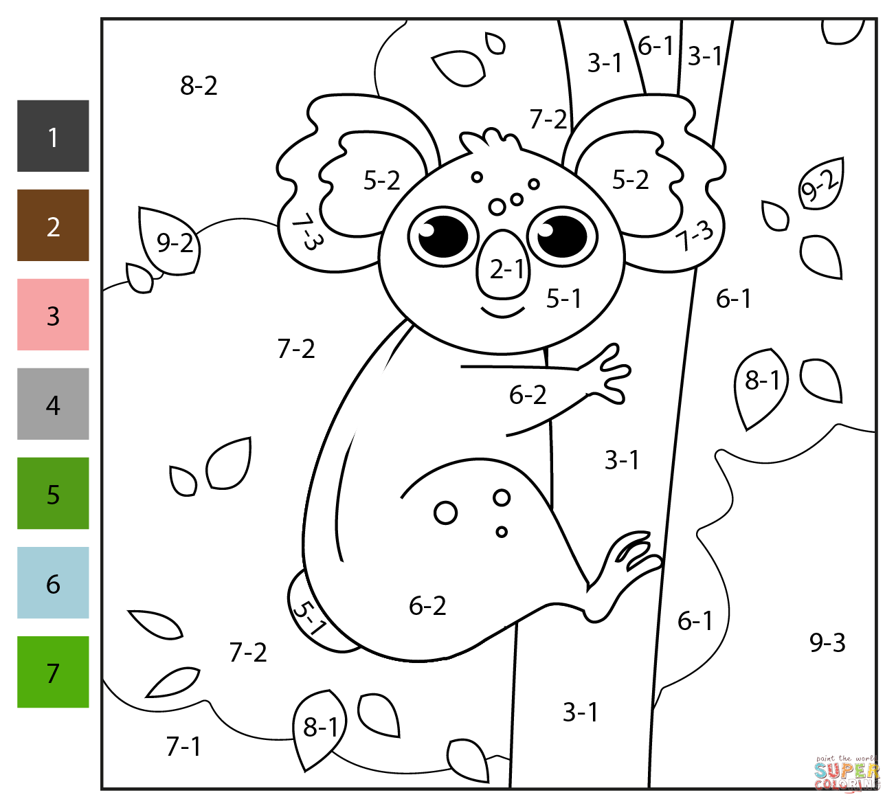 Subtraction color by number koala free printable coloring pages