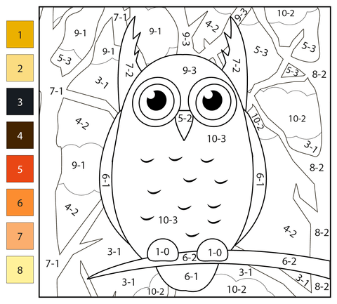 Subtraction color by number owl free printable coloring pages