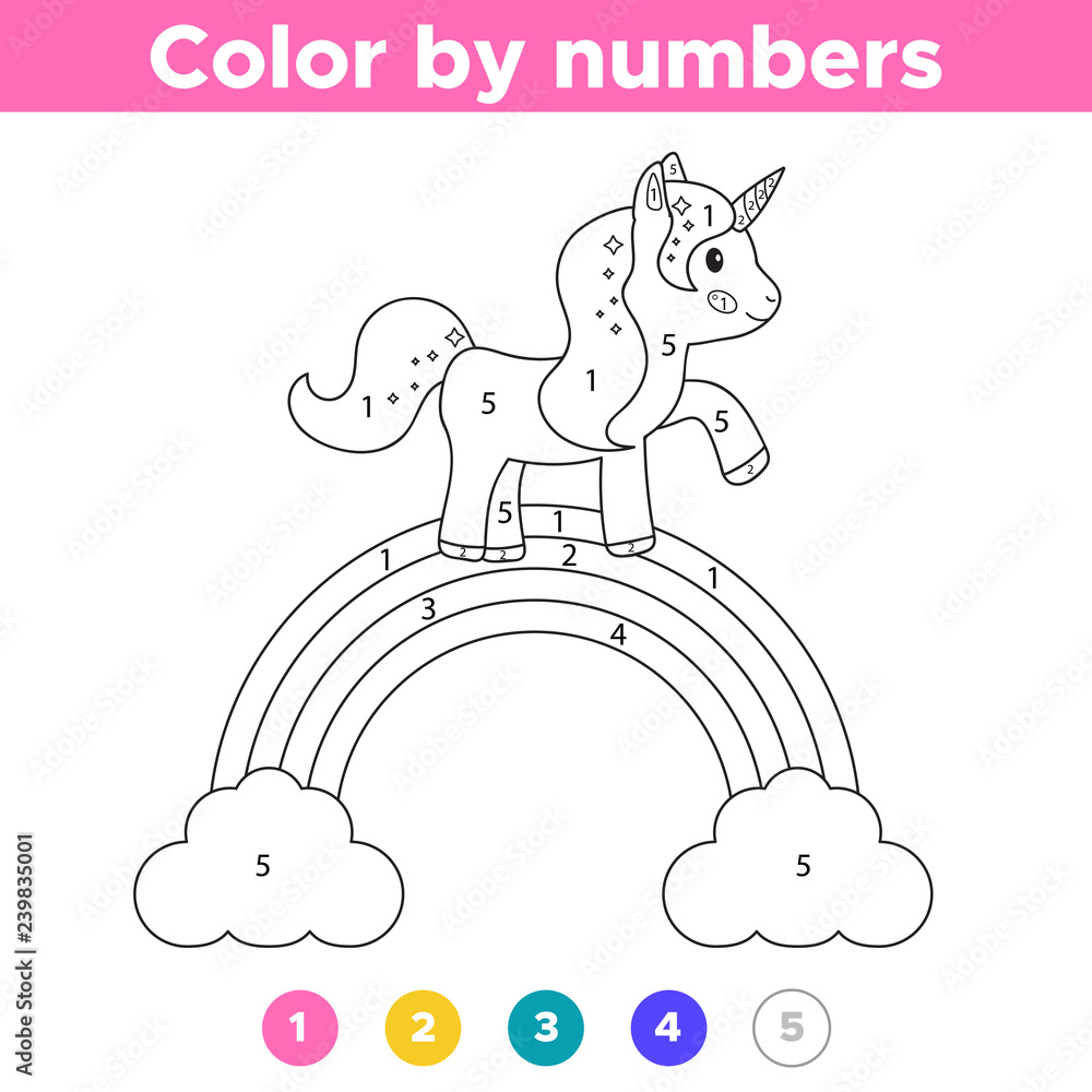Number educational coloring page for preschool kids cute unicorn on the rainbow vector illustration vector