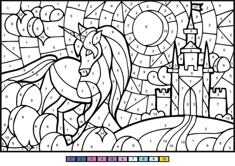 Unicorn color by number free printable coloring pages
