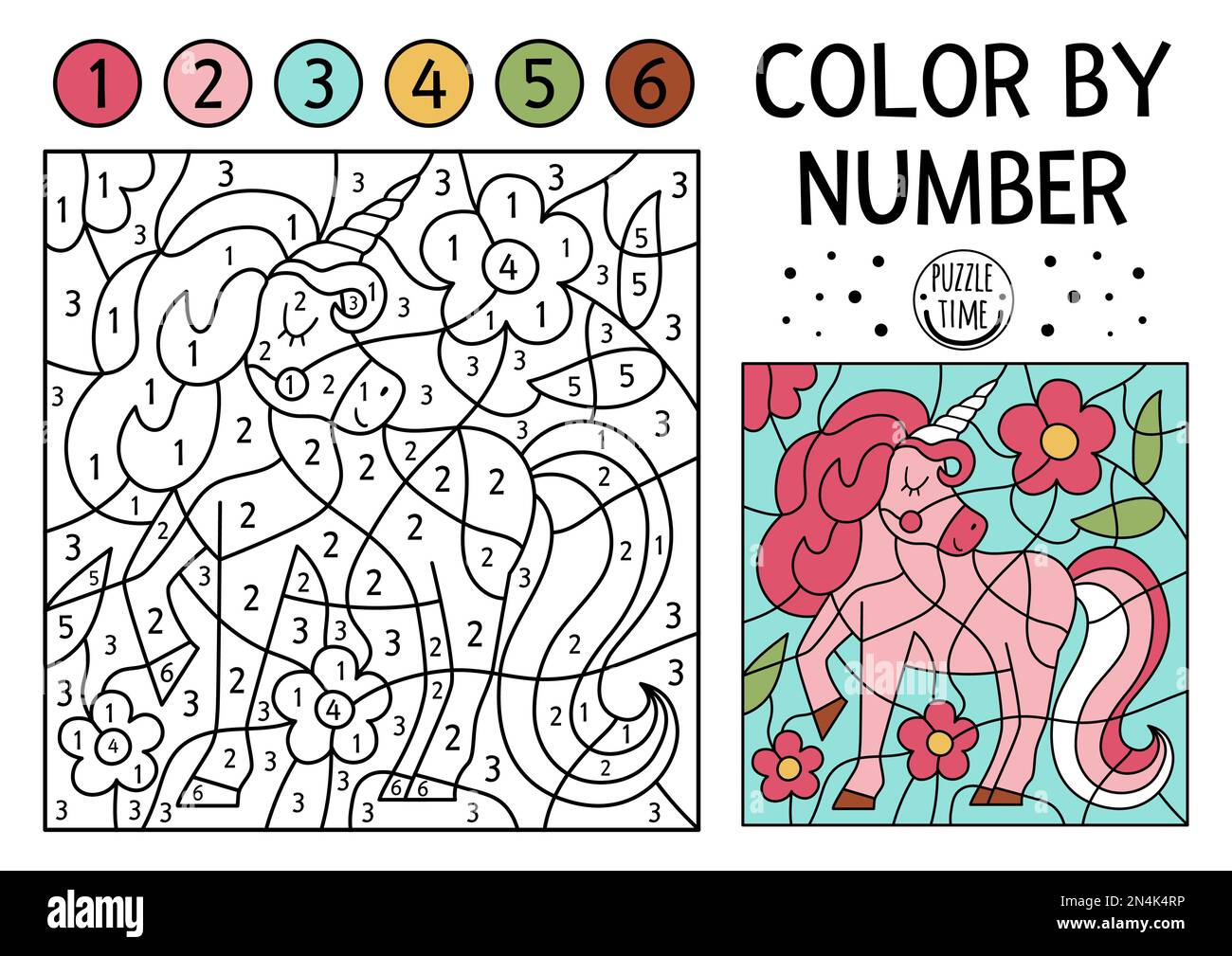 Vector magic kingdom color by number activity with pink unicorn and flowers fairytale counting game with cute horse funny coloring page for kids wit stock vector image art