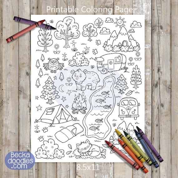 Printable camping coloring page digital download hand
