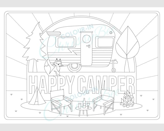 Printable camping coloring page happy camper retro rv activity sheet colouring for adults and kids a and letter format download now
